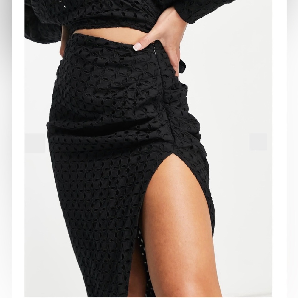 🛍️ ASOS EDITION Broderie Drape Midi Asymmetrical Black Skirt w. Slit  - Size 10